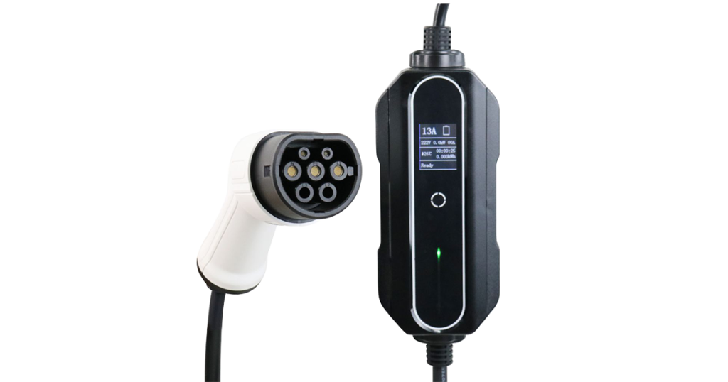 Portable Pilot x Piwin AC EV charger with an LED display and Type 2 connector, isolated on a transparent background.