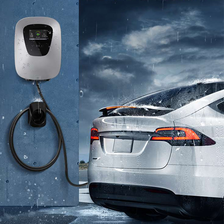Weather-resistant Pilot X Piwin AC EV charger mounted on a wall, actively charging a white electric car during a rainstorm.