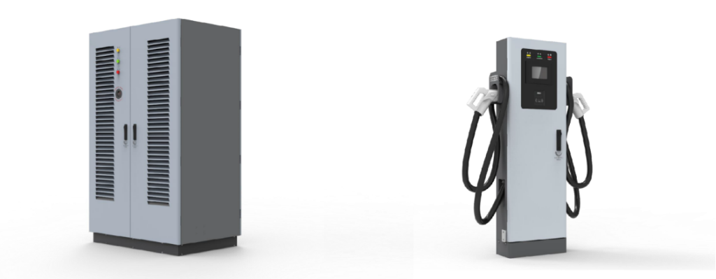 Split EV Charger system with dual charging stations and user-friendly interface for efficient electric vehicle power supply.