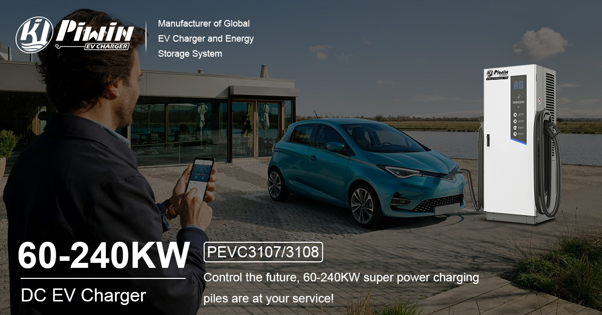 A man using a smartphone to control a 60-240KW DC EV charger by Pilot x Piwin, with a blue electric car parked beside it.
