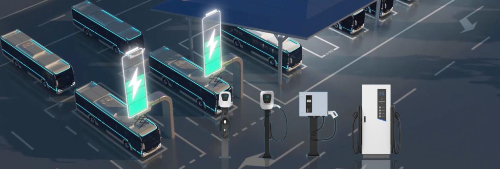 Electric buses charging at a modern EV station equipped with various types of charging ports and a covered shelter in the background.