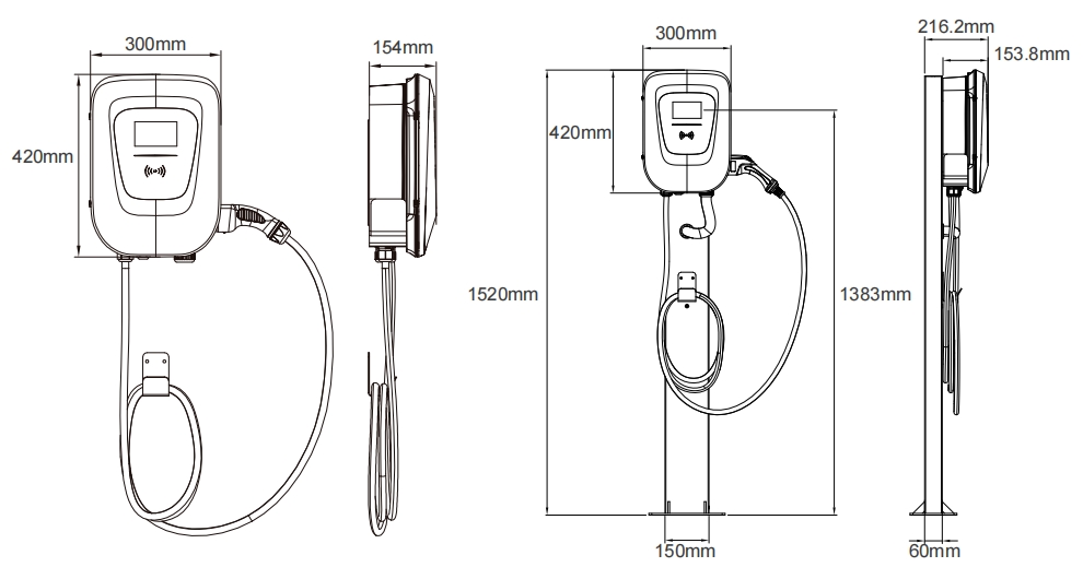 Space-efficient 22KW Type 2 AC EV Charger with dimensions 420x300mm, side profile 154x1520mm, and cable length 1383mm, featuring a user-friendly 4.3-inch display.