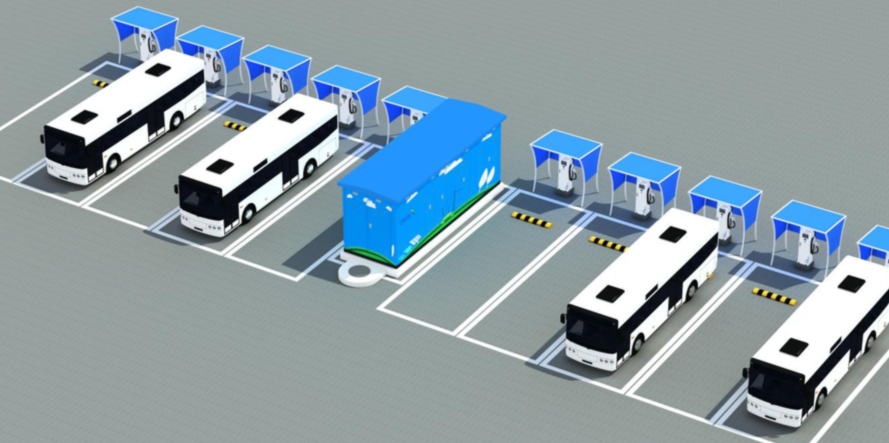 A fleet of electric buses is parked at a modern EV charging station, featuring multiple charging points and a central energy management unit.