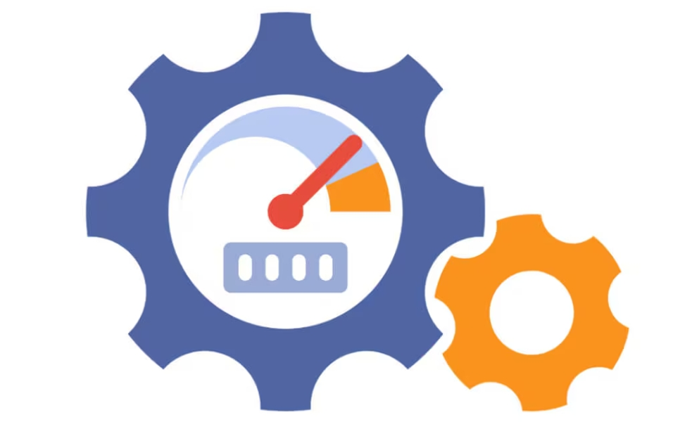  Illustration of two interlocking gears, one blue and one orange, with a speedometer indicating high performance and efficiency.)