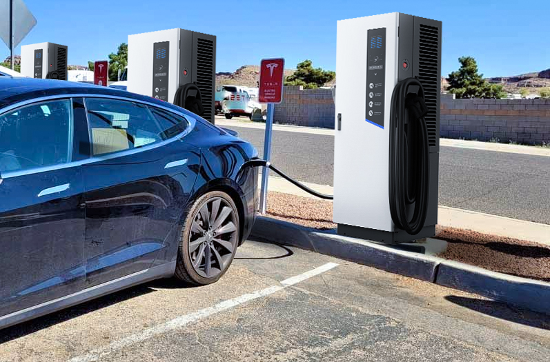 Electric car charging at a Tesla Supercharger station, showcasing multiple charging units in a parking area, emphasizing fast and efficient EV charging infrastructure.